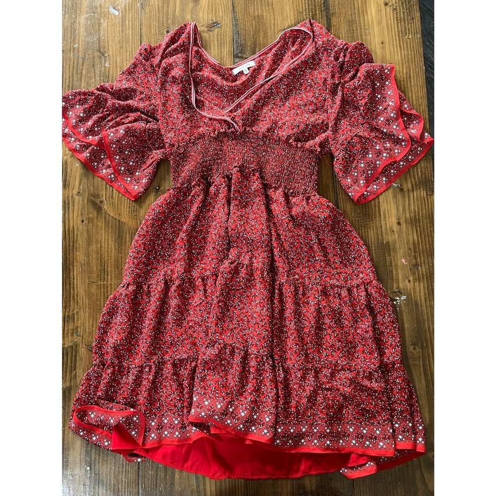Max Studio Red Floral Smocked Waist Tiered Mini Dress Flutter Sleeve Large